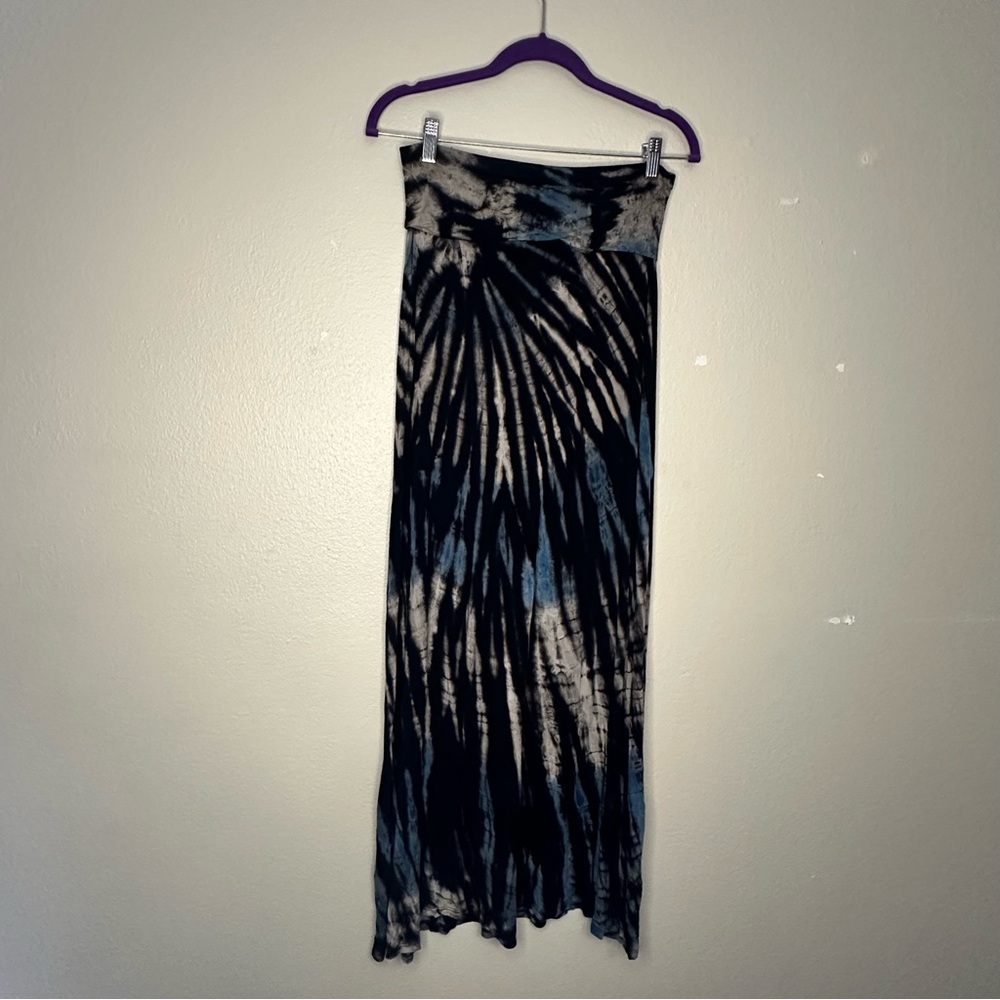 CEYLON BLACK BLUE GRAY TIE DYE FOLD OVER TOP MAXI SKIRT